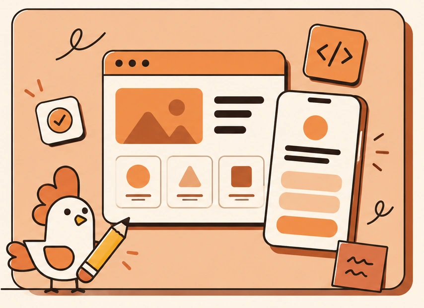 A friendly chicken holding a pencil beside illustrated website, mobile app and software tools.