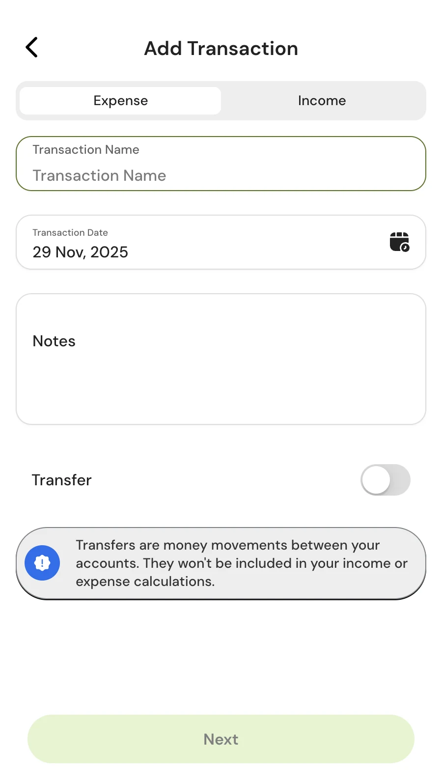 Balance Budget blank transaction-entry form.