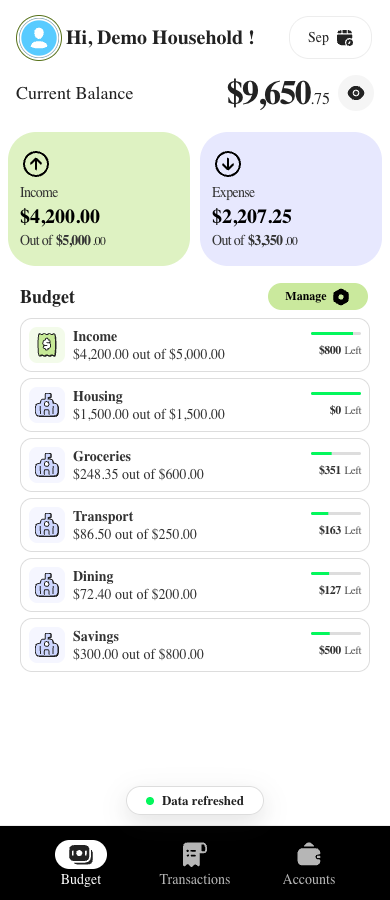 Balance Budget mobile overview