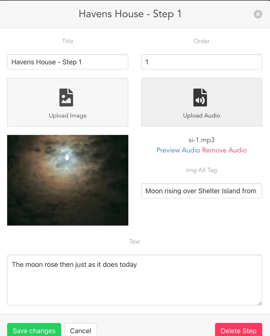 DIMONscapes editor for an illustrated story step, with image and audio controls.