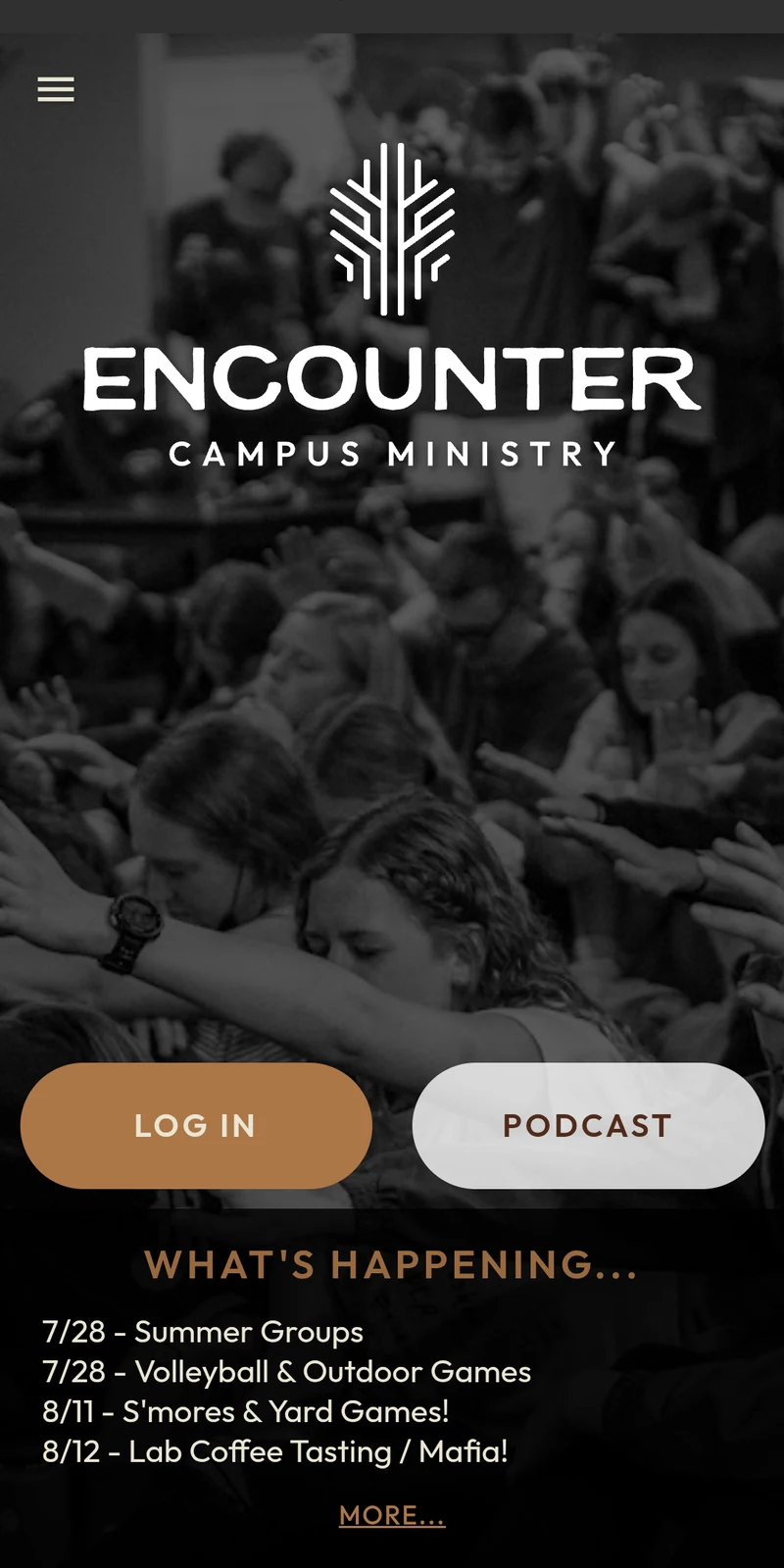 Encounter Campus Ministry app home with events and podcast navigation.