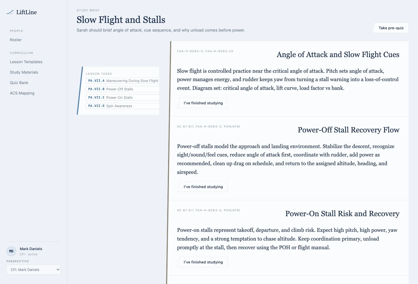 LiftLine prototype study brief for slow flight and stalls.