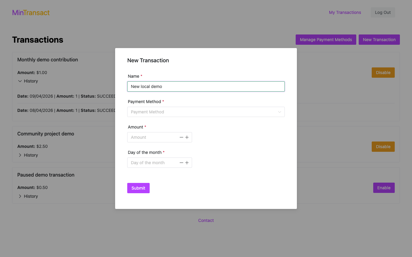 MinTransact new transaction form