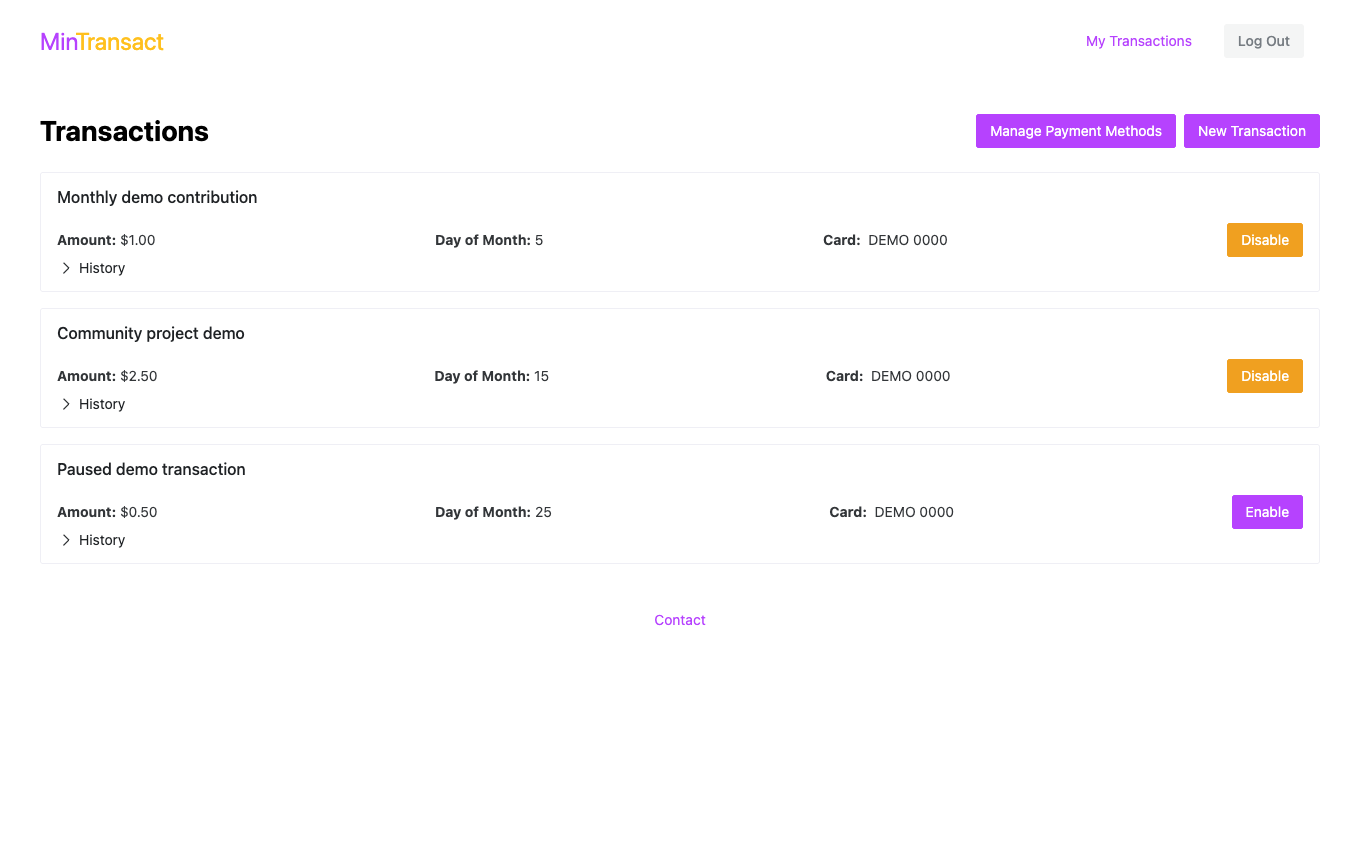 MinTransact recurring transactions dashboard