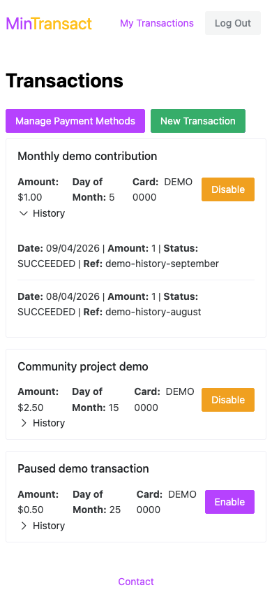 MinTransact mobile transaction list