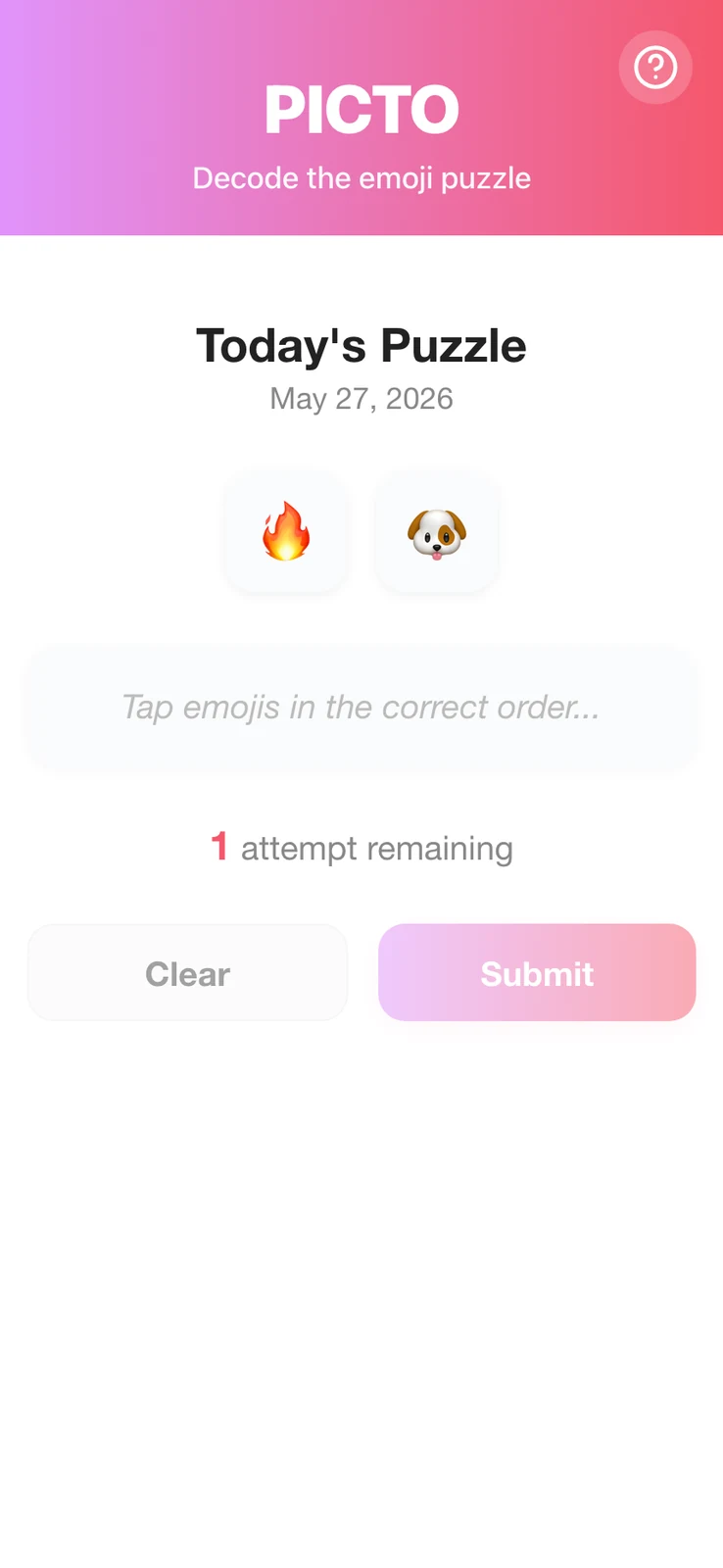 Picto emoji puzzle demo with selectable tiles and submit controls.