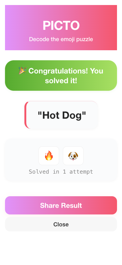 Picto puzzle completion modal