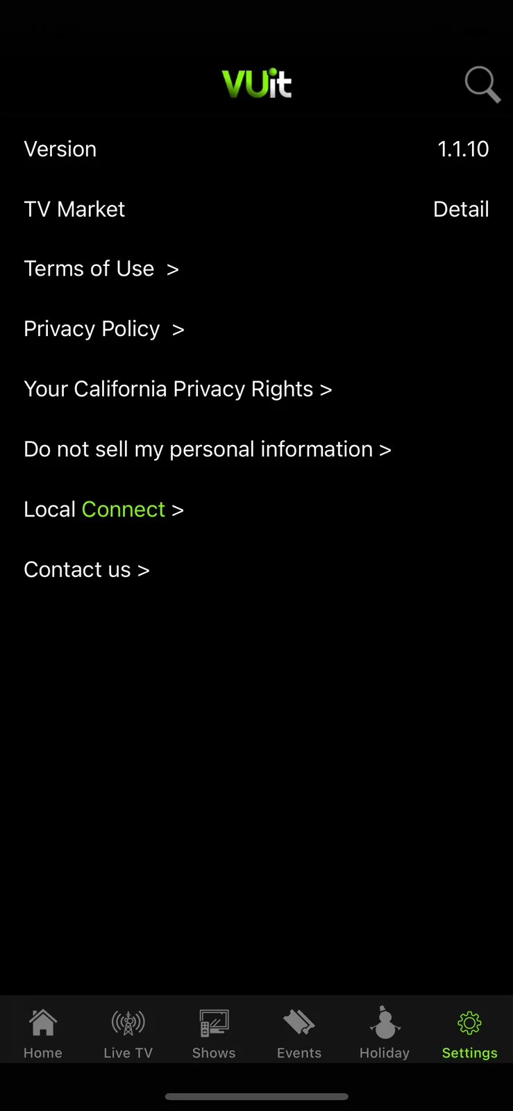Streaming mobile app settings list with privacy and local-content options.