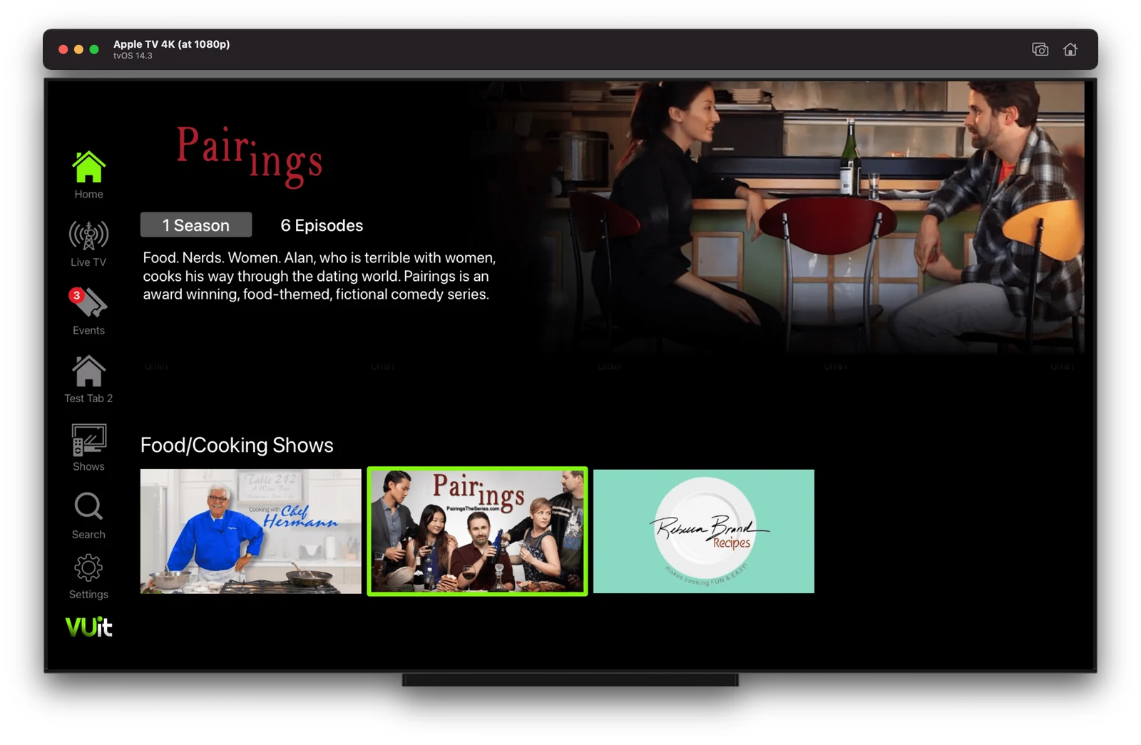 Streaming television browse interface with show artwork and navigation.